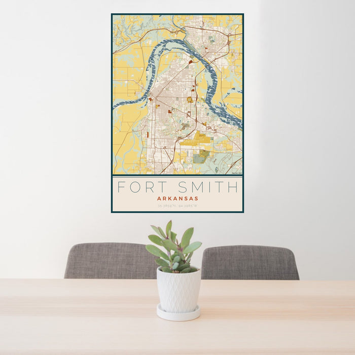 24x36 Fort Smith Arkansas Map Print Portrait Orientation in Woodblock Style Behind 2 Chairs Table and Potted Plant
