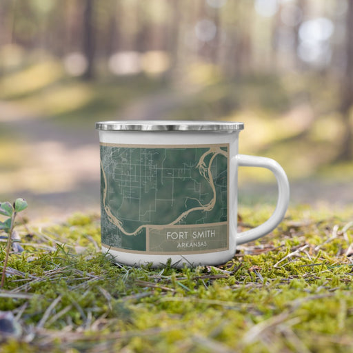 Right View Custom Fort Smith Arkansas Map Enamel Mug in Afternoon on Grass With Trees in Background