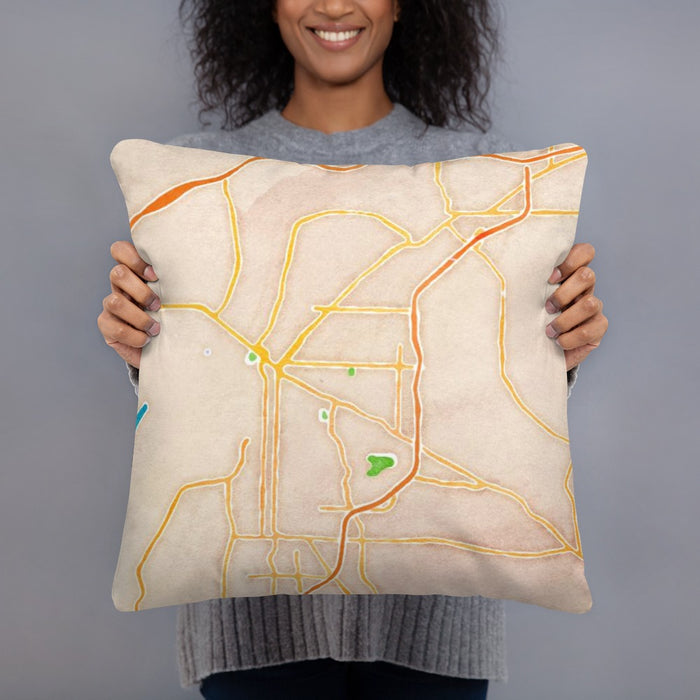 Person holding 18x18 Custom Fort Smith Arkansas Map Throw Pillow in Watercolor