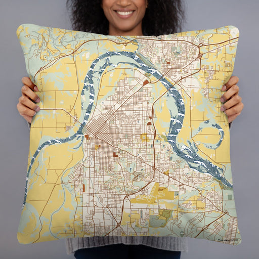 Person holding 22x22 Custom Fort Smith Arkansas Map Throw Pillow in Woodblock