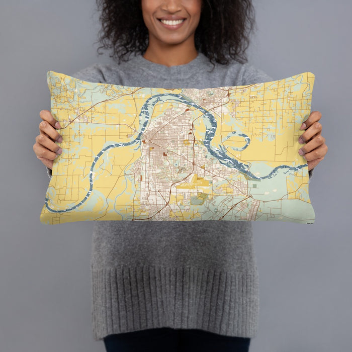 Person holding 20x12 Custom Fort Smith Arkansas Map Throw Pillow in Woodblock