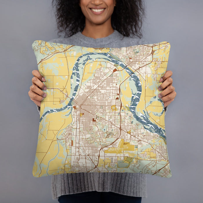 Person holding 18x18 Custom Fort Smith Arkansas Map Throw Pillow in Woodblock