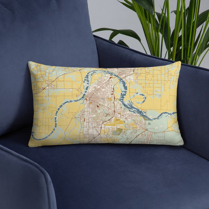 Custom Fort Smith Arkansas Map Throw Pillow in Woodblock on Blue Colored Chair
