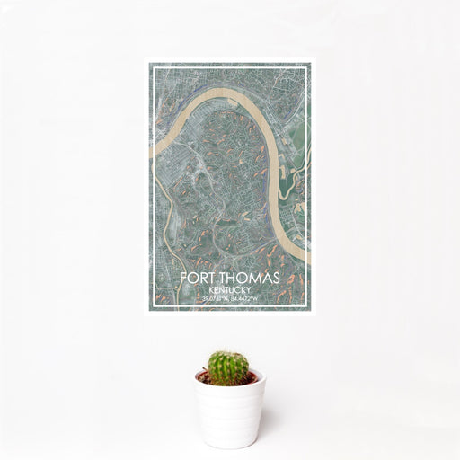 12x18 Fort Thomas Kentucky Map Print Portrait Orientation in Afternoon Style With Small Cactus Plant in White Planter