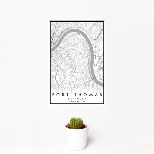 12x18 Fort Thomas Kentucky Map Print Portrait Orientation in Classic Style With Small Cactus Plant in White Planter