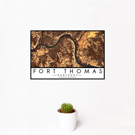 12x18 Fort Thomas Kentucky Map Print Landscape Orientation in Ember Style With Small Cactus Plant in White Planter