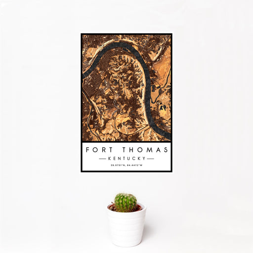 12x18 Fort Thomas Kentucky Map Print Portrait Orientation in Ember Style With Small Cactus Plant in White Planter