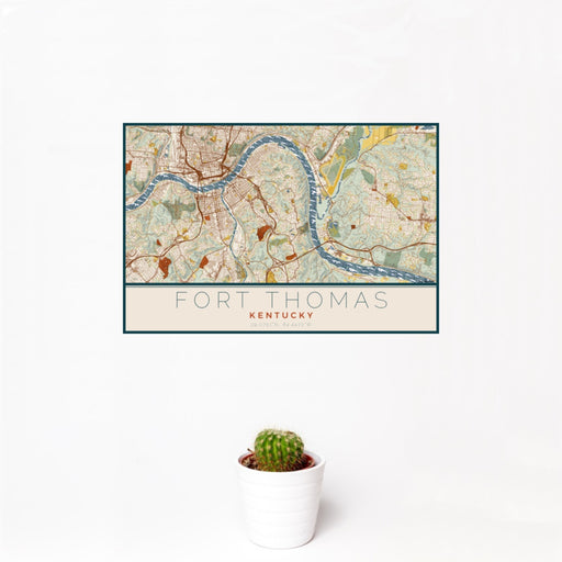 12x18 Fort Thomas Kentucky Map Print Landscape Orientation in Woodblock Style With Small Cactus Plant in White Planter