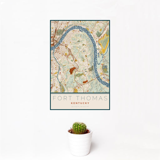 12x18 Fort Thomas Kentucky Map Print Portrait Orientation in Woodblock Style With Small Cactus Plant in White Planter