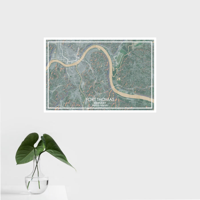 16x24 Fort Thomas Kentucky Map Print Landscape Orientation in Afternoon Style With Tropical Plant Leaves in Water
