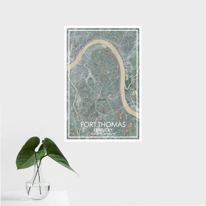 16x24 Fort Thomas Kentucky Map Print Portrait Orientation in Afternoon Style With Tropical Plant Leaves in Water
