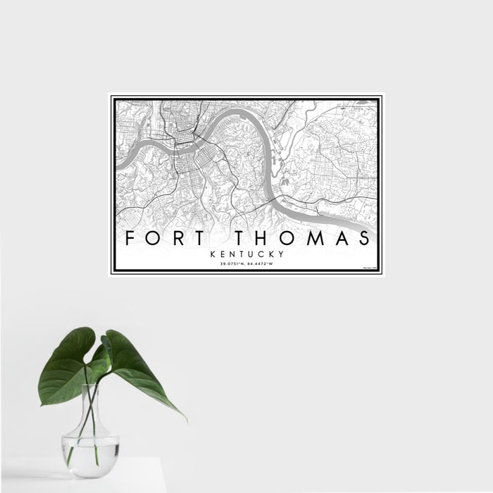 16x24 Fort Thomas Kentucky Map Print Landscape Orientation in Classic Style With Tropical Plant Leaves in Water