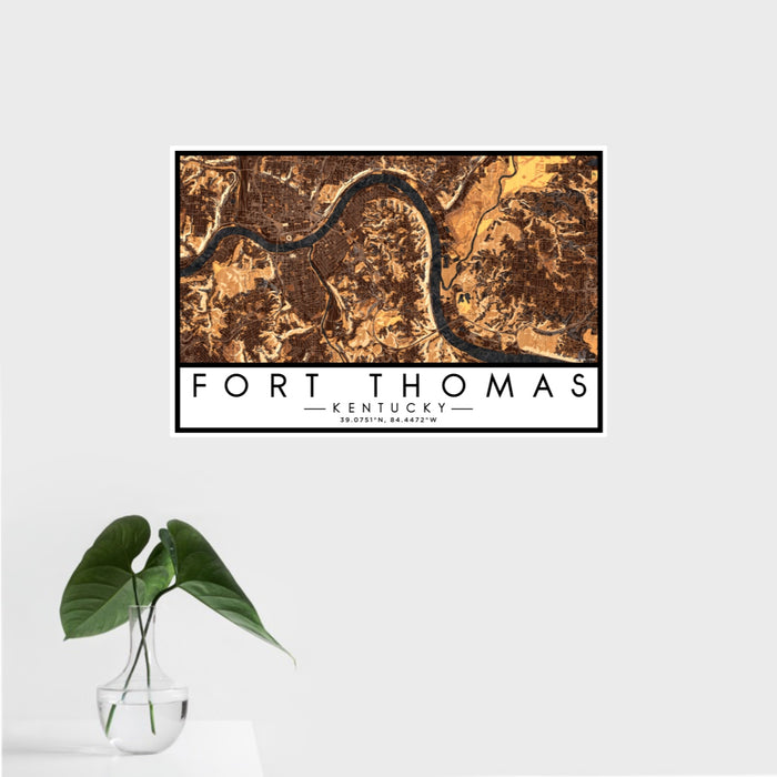 16x24 Fort Thomas Kentucky Map Print Landscape Orientation in Ember Style With Tropical Plant Leaves in Water