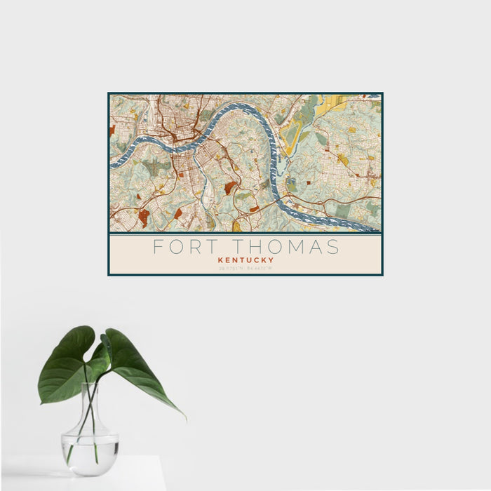 16x24 Fort Thomas Kentucky Map Print Landscape Orientation in Woodblock Style With Tropical Plant Leaves in Water