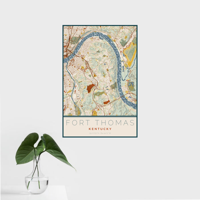 16x24 Fort Thomas Kentucky Map Print Portrait Orientation in Woodblock Style With Tropical Plant Leaves in Water