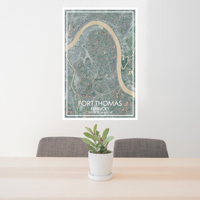 24x36 Fort Thomas Kentucky Map Print Portrait Orientation in Afternoon Style Behind 2 Chairs Table and Potted Plant