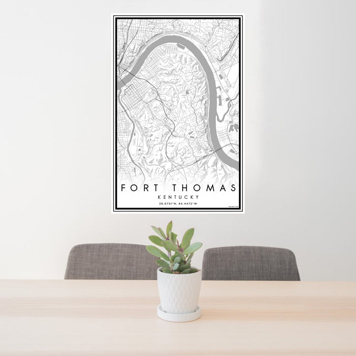 24x36 Fort Thomas Kentucky Map Print Portrait Orientation in Classic Style Behind 2 Chairs Table and Potted Plant