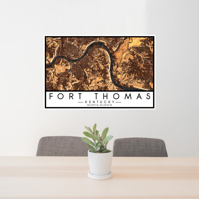 24x36 Fort Thomas Kentucky Map Print Lanscape Orientation in Ember Style Behind 2 Chairs Table and Potted Plant