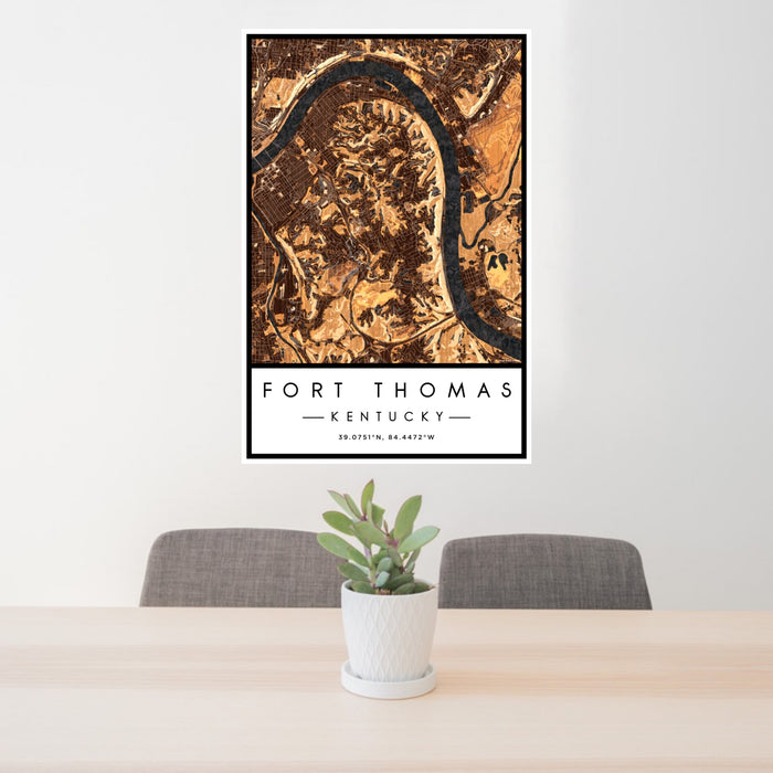 24x36 Fort Thomas Kentucky Map Print Portrait Orientation in Ember Style Behind 2 Chairs Table and Potted Plant