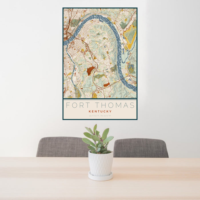 24x36 Fort Thomas Kentucky Map Print Portrait Orientation in Woodblock Style Behind 2 Chairs Table and Potted Plant