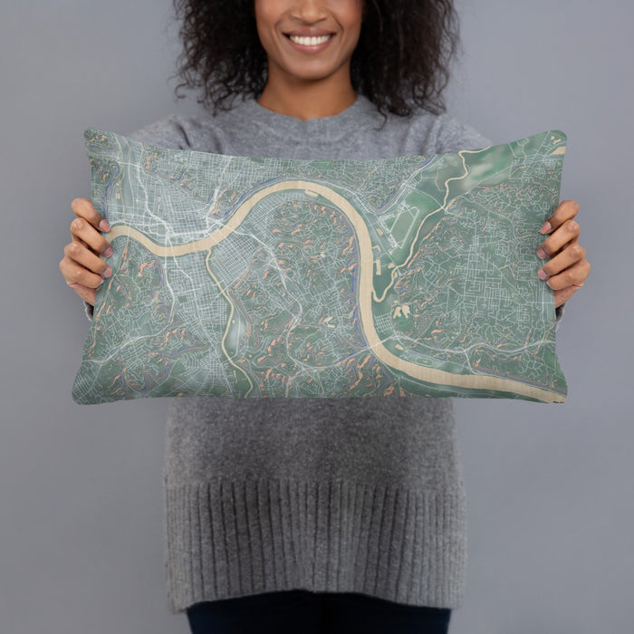 Person holding 20x12 Custom Fort Thomas Kentucky Map Throw Pillow in Afternoon