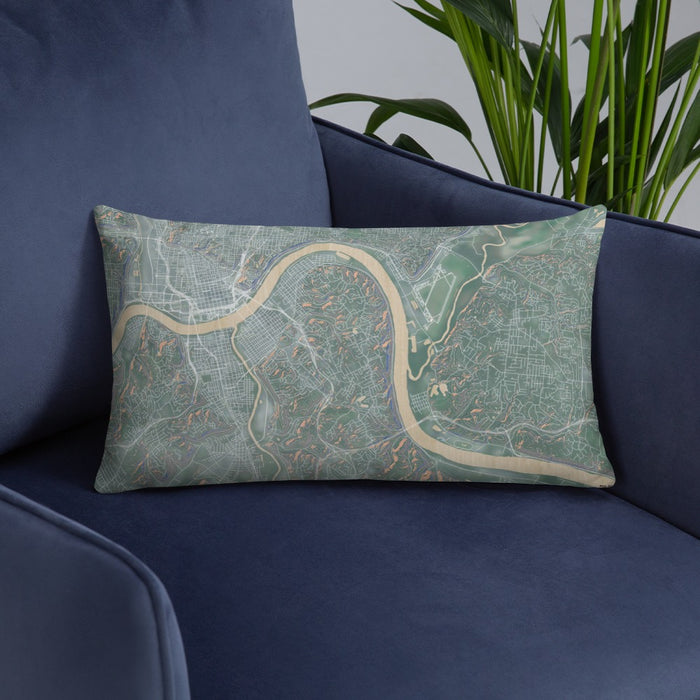 Custom Fort Thomas Kentucky Map Throw Pillow in Afternoon on Blue Colored Chair