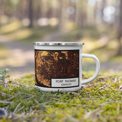 Right View Custom Fort Thomas Kentucky Map Enamel Mug in Ember on Grass With Trees in Background
