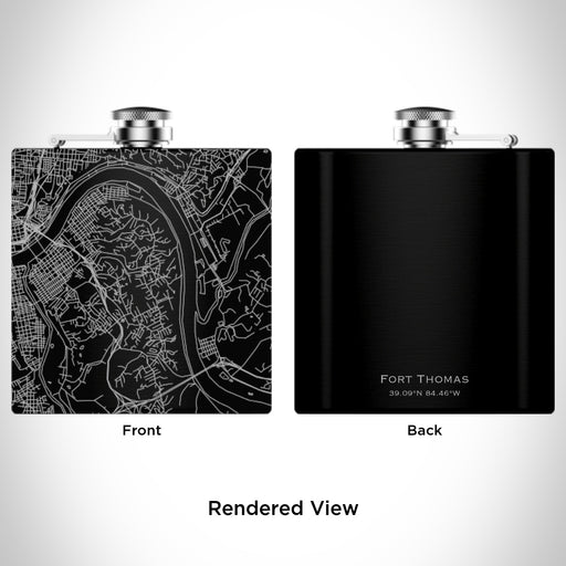Rendered View of Fort Thomas Kentucky Map Engraving on 6oz Stainless Steel Flask in Black