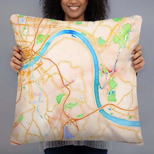 Person holding 22x22 Custom Fort Thomas Kentucky Map Throw Pillow in Watercolor