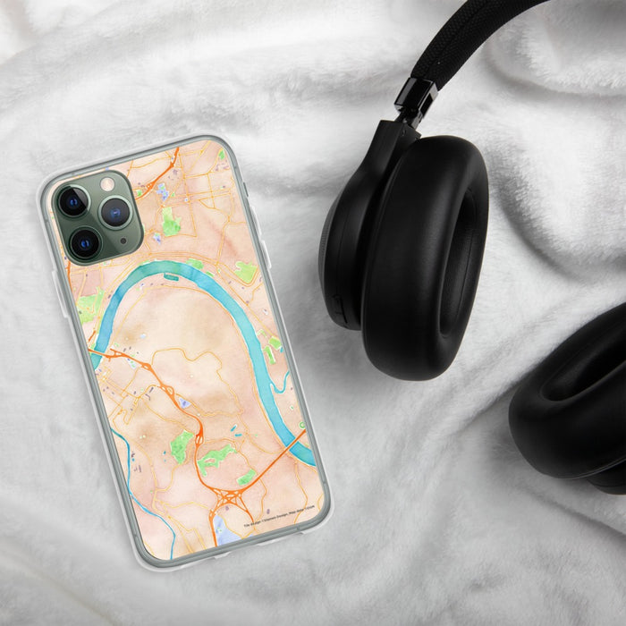 Custom Fort Thomas Kentucky Map Phone Case in Watercolor on Table with Black Headphones
