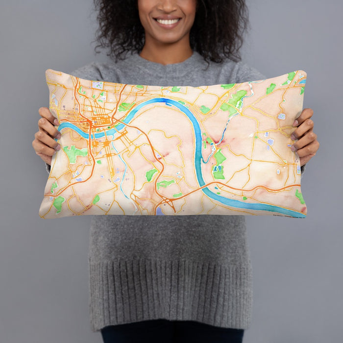 Person holding 20x12 Custom Fort Thomas Kentucky Map Throw Pillow in Watercolor