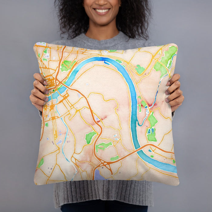 Person holding 18x18 Custom Fort Thomas Kentucky Map Throw Pillow in Watercolor