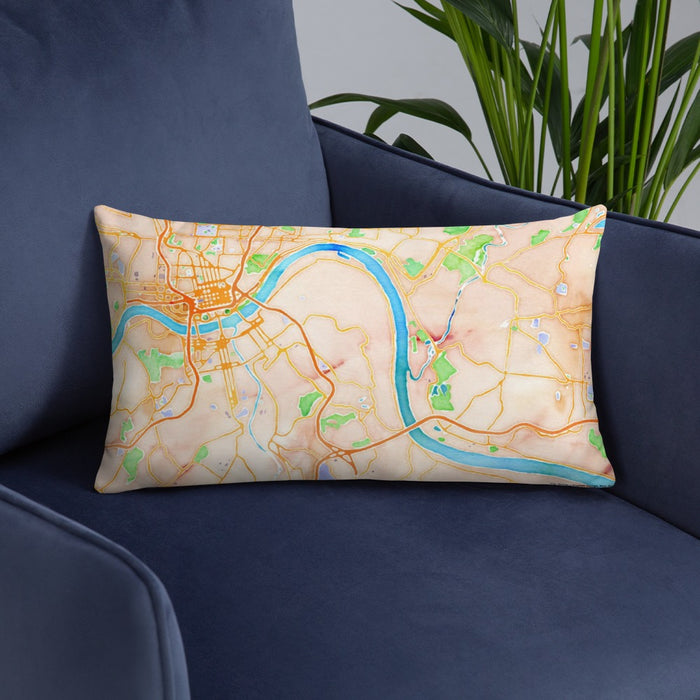 Custom Fort Thomas Kentucky Map Throw Pillow in Watercolor on Blue Colored Chair