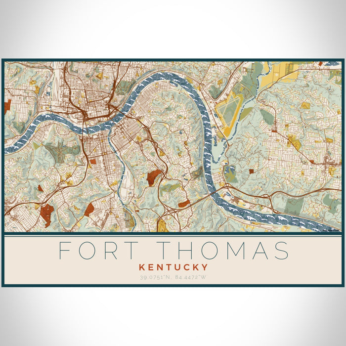 Fort Thomas Kentucky Map Print Landscape Orientation in Woodblock Style With Shaded Background