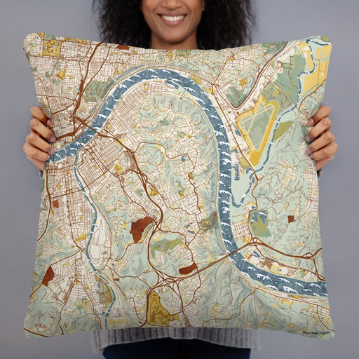 Person holding 22x22 Custom Fort Thomas Kentucky Map Throw Pillow in Woodblock