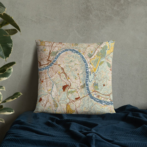 Custom Fort Thomas Kentucky Map Throw Pillow in Woodblock on Bedding Against Wall