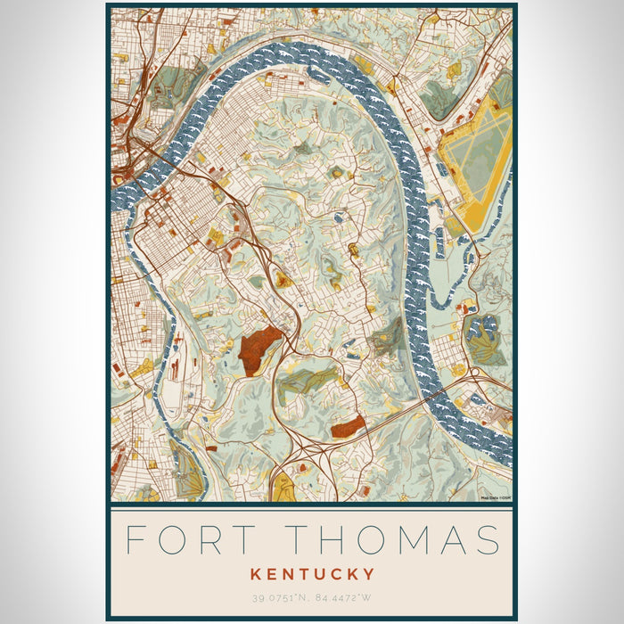 Fort Thomas Kentucky Map Print Portrait Orientation in Woodblock Style With Shaded Background