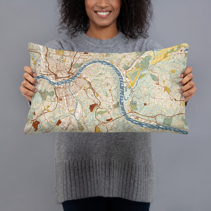 Person holding 20x12 Custom Fort Thomas Kentucky Map Throw Pillow in Woodblock