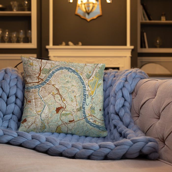 Custom Fort Thomas Kentucky Map Throw Pillow in Woodblock on Cream Colored Couch