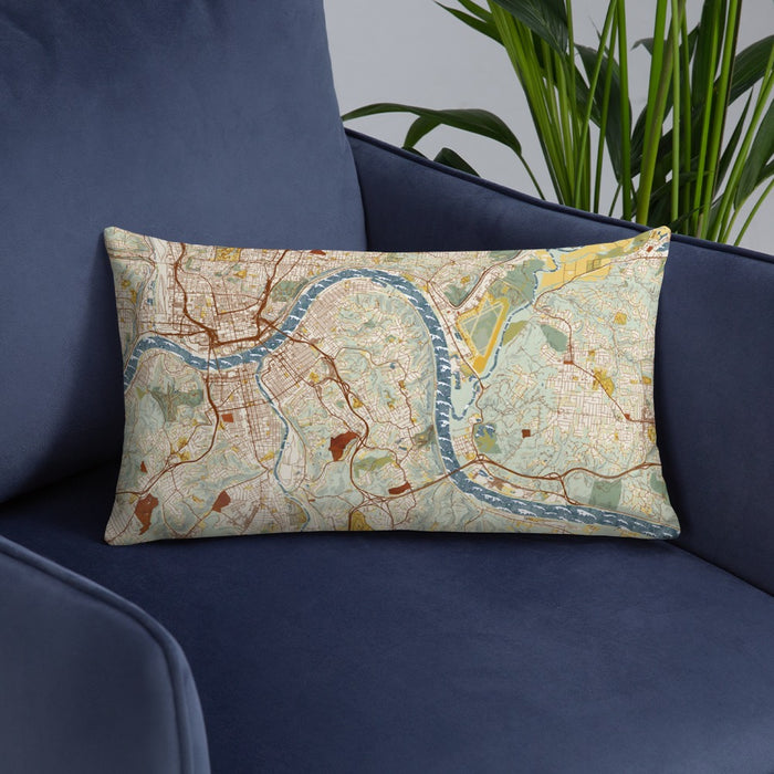 Custom Fort Thomas Kentucky Map Throw Pillow in Woodblock on Blue Colored Chair