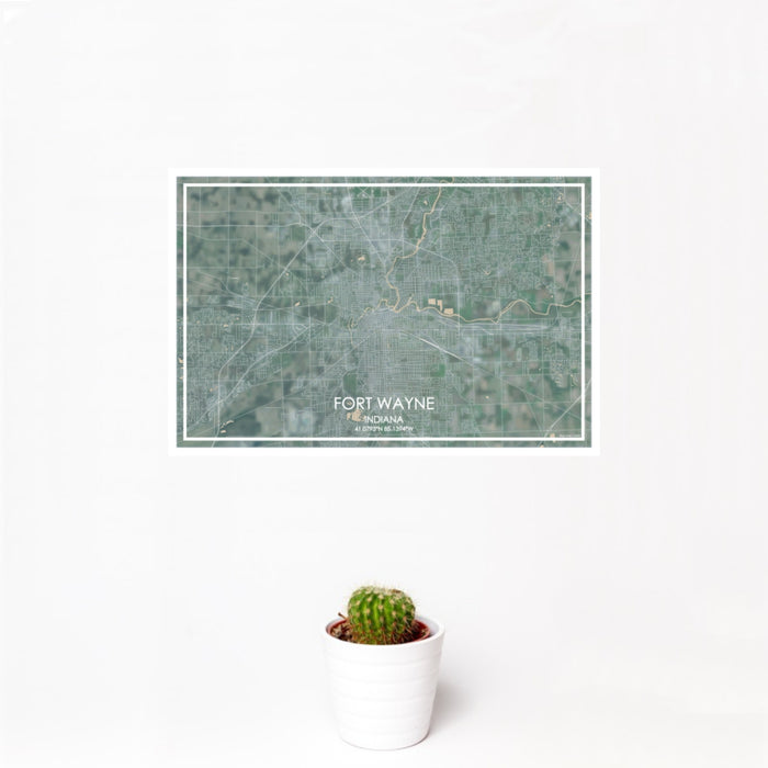 12x18 Fort Wayne Indiana Map Print Landscape Orientation in Afternoon Style With Small Cactus Plant in White Planter