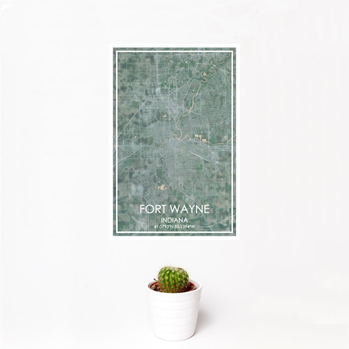 12x18 Fort Wayne Indiana Map Print Portrait Orientation in Afternoon Style With Small Cactus Plant in White Planter