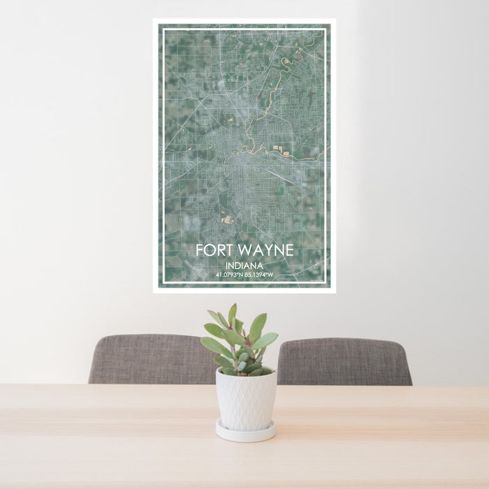 24x36 Fort Wayne Indiana Map Print Portrait Orientation in Afternoon Style Behind 2 Chairs Table and Potted Plant