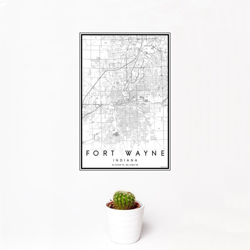 12x18 Fort Wayne Indiana Map Print Portrait Orientation in Classic Style With Small Cactus Plant in White Planter