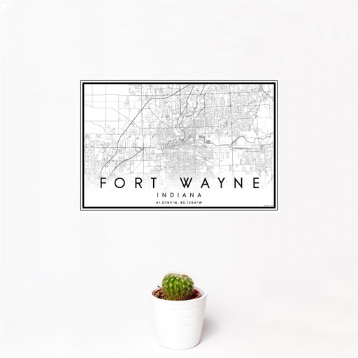 12x18 Fort Wayne Indiana Map Print Landscape Orientation in Classic Style With Small Cactus Plant in White Planter