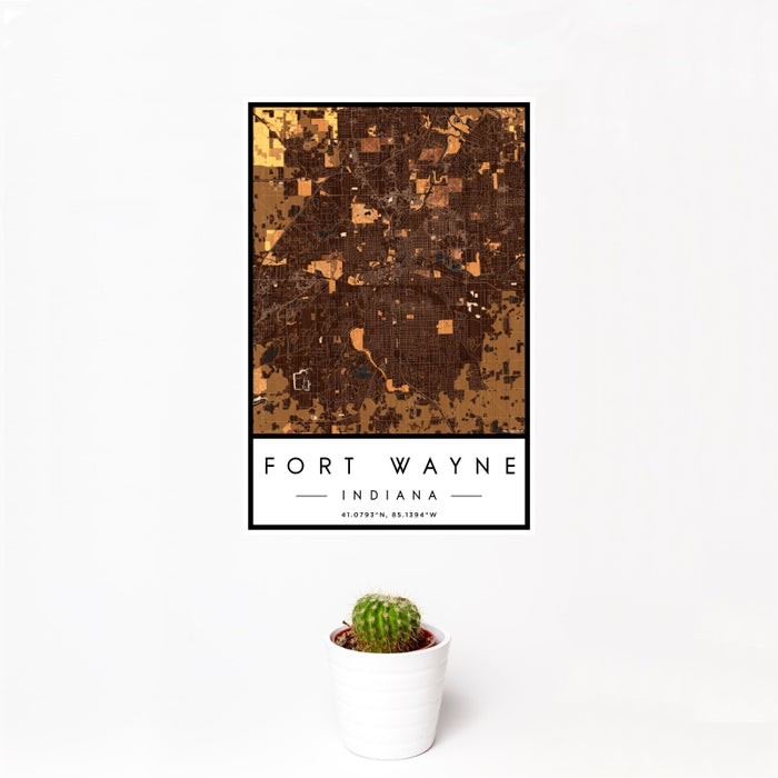 12x18 Fort Wayne Indiana Map Print Portrait Orientation in Ember Style With Small Cactus Plant in White Planter