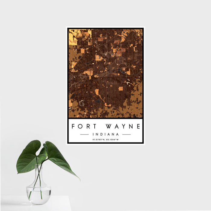 16x24 Fort Wayne Indiana Map Print Portrait Orientation in Ember Style With Tropical Plant Leaves in Water