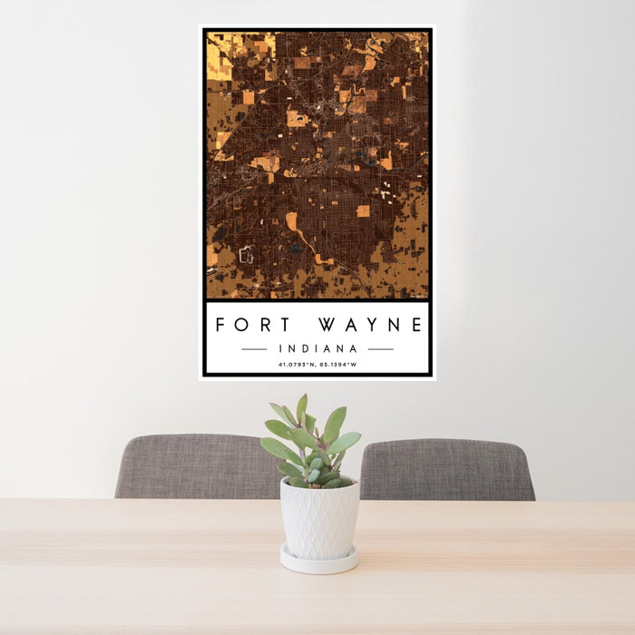 24x36 Fort Wayne Indiana Map Print Portrait Orientation in Ember Style Behind 2 Chairs Table and Potted Plant
