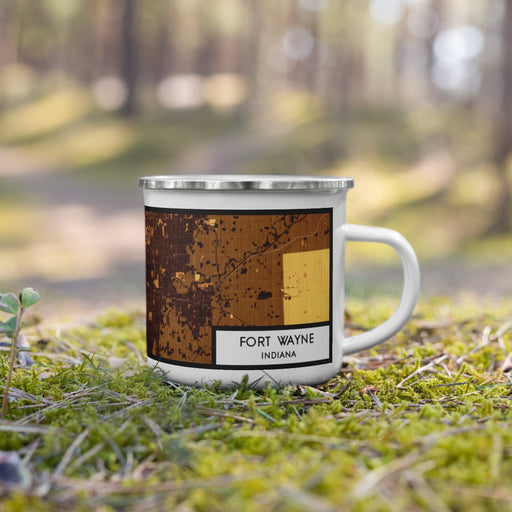 Right View Custom Fort Wayne Indiana Map Enamel Mug in Ember on Grass With Trees in Background