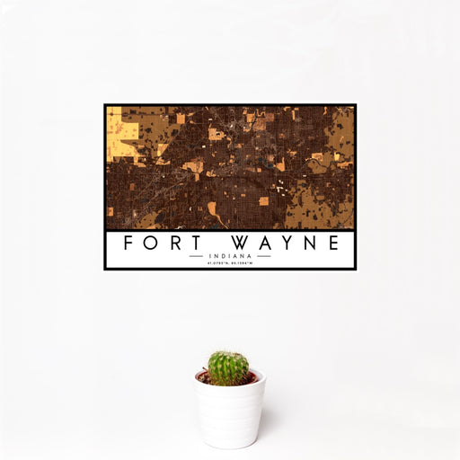 12x18 Fort Wayne Indiana Map Print Landscape Orientation in Ember Style With Small Cactus Plant in White Planter